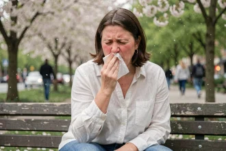 Femme allergique qui éternue dans un parc au printemps entourée d'arbres en fleurs et de pollen