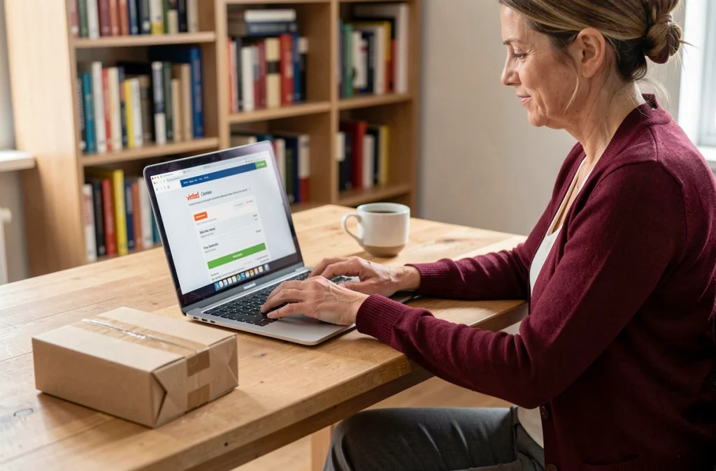 Femme consultant son ordinateur portable pour résoudre un problème de suivi de colis Vinted depuis son bureau à domicile