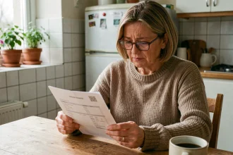 Femme consultant sa facture d'électricité avec soulagement dans sa cuisine, illustrant la baisse des prix de l'énergie