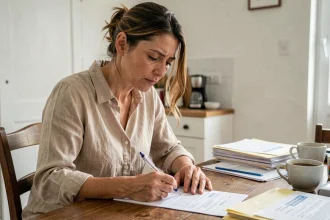 Femme remplissant un formulaire de changement d'adresse à La Poste à son domicile