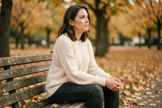 Femme pensive assise sur un banc de parc en automne, évoquant la confiance et la vulnérabilité émotionnelle en amour