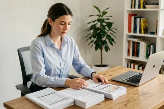 Femme préparant un dossier de location complet avec des documents administratifs organisés sur un bureau en bois