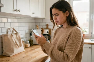 Jeune femme frustrée vérifiant le suivi de son colis Vinted sur son smartphone dans sa cuisine