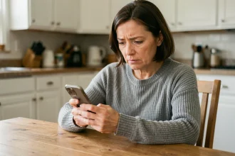 Femme consultant son smartphone pour identifier un numéro de téléphone inconnu lié à Amazon