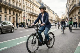 Femme en vélo électrique noir mat sur une avenue urbaine avec piste cyclable verte dans une grande ville française