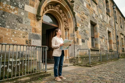 Femme explorant l'entrée d'un site patrimonial méconnu lors des Journées du patrimoine, façade en pierre du XIXe siècle