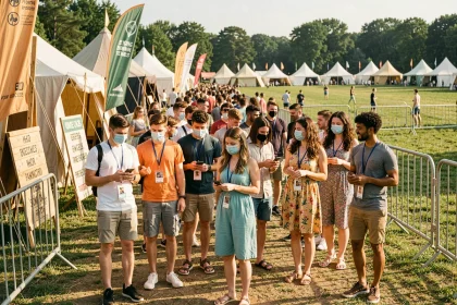 File d'attente espacée à l'entrée d'un festival d'été avec des festivaliers respectant les mesures sanitaires