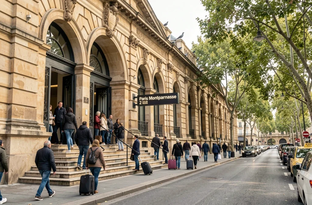 Façade de la gare Saint-Jean de Bordeaux avec voyageurs à l'arrivée du nouveau train rapide depuis Paris