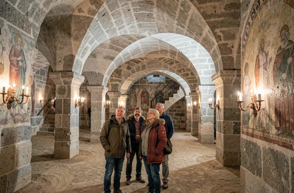 Groupe de visiteurs admirant une cave médiévale voûtée lors d'une visite guidée des Journées du patrimoine