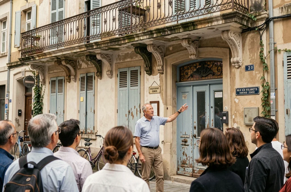 Guide bénévole présentant la façade d'un hôtel particulier Second Empire lors des Journées du patrimoine en ville de province