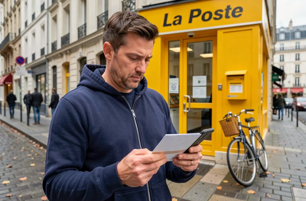 Homme devant un bureau de La Poste consultant les alternatives au service de réexpédition de courrier