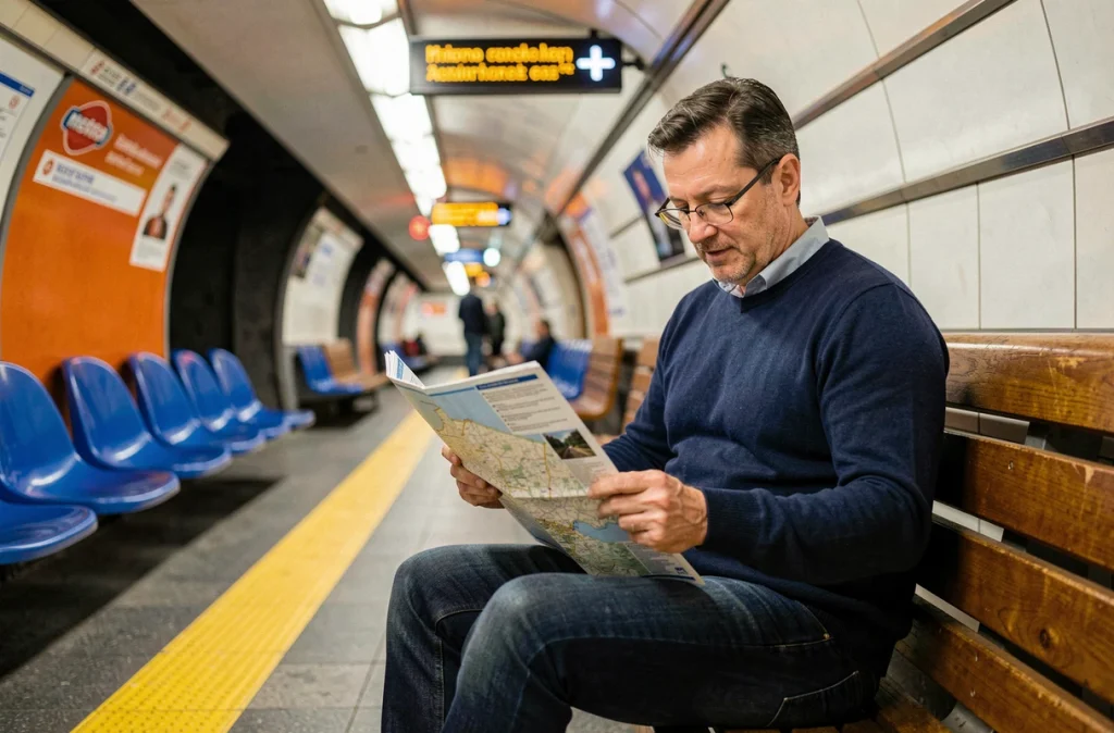Homme lisant une carte touristique bilingue du métro de Paris assis sur un quai