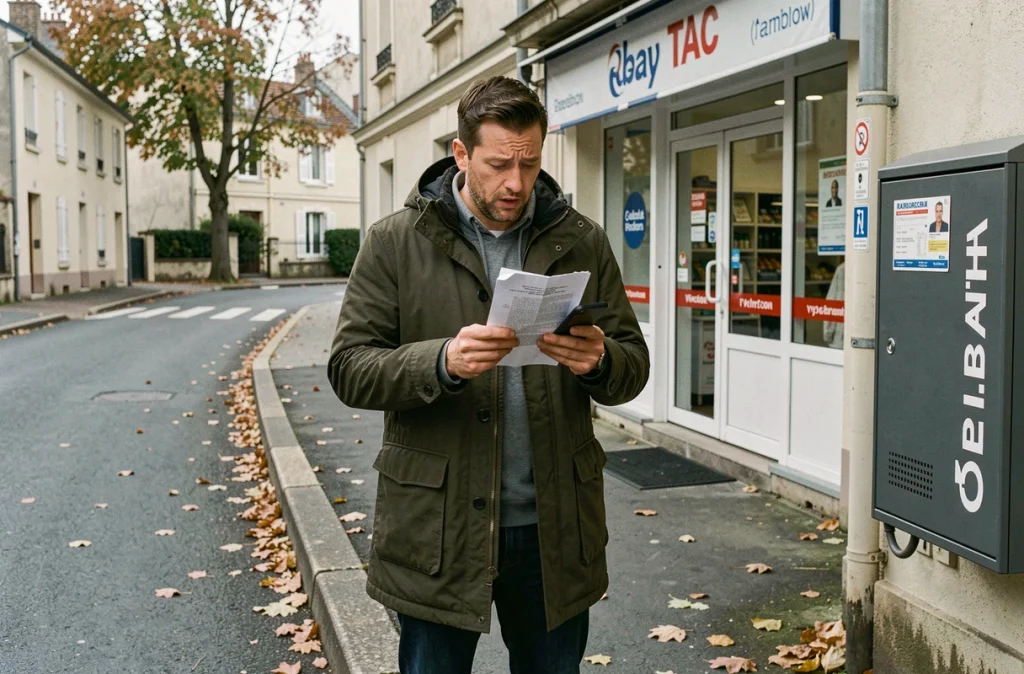 Homme confus devant un point relais avec un avis de passage et son téléphone pour récupérer un colis Vinted