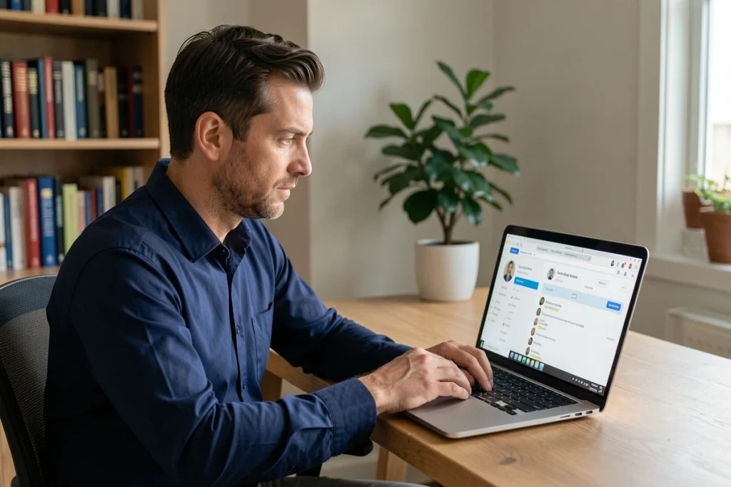 Homme vérifiant un numéro de service client Amazon sur son ordinateur portable à domicile