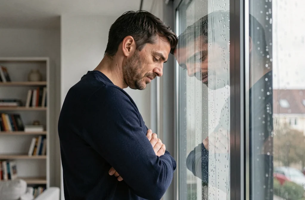 Homme seul appuyé contre une fenêtre sous la pluie, exprimant la difficulté à faire confiance en amour et la vulnérabilité émotionnelle