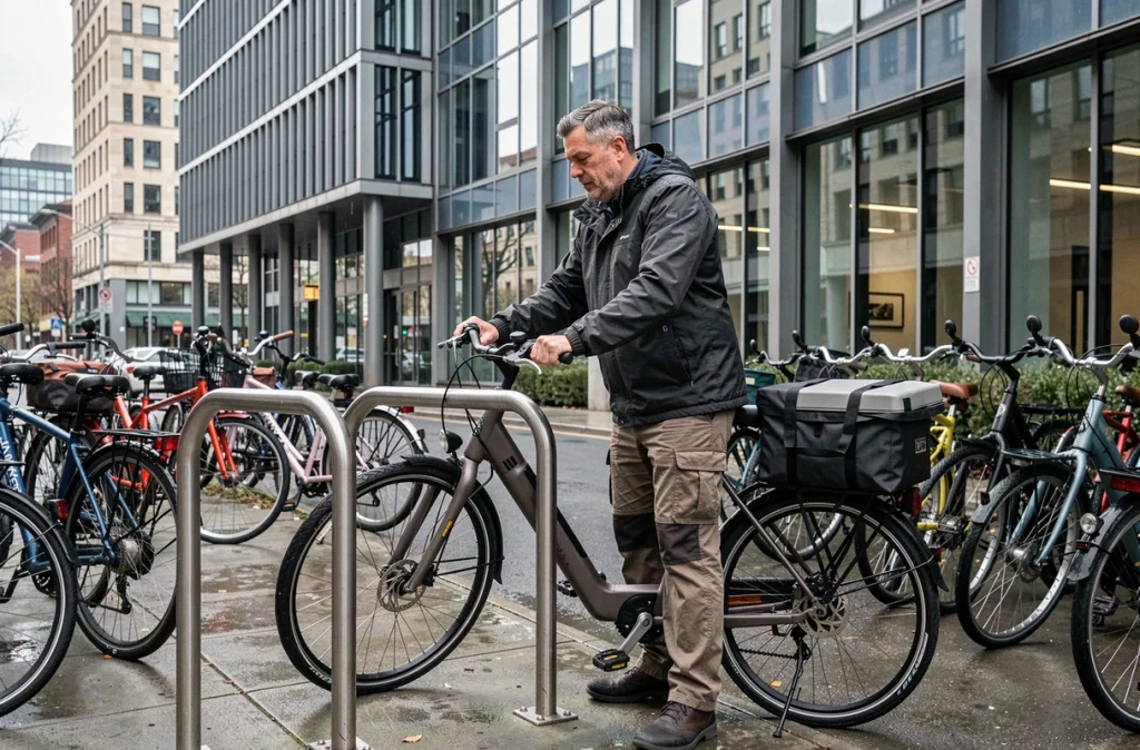 Homme attachant son vélo électrique cargo devant un immeuble de bureaux moderne dans un quartier d'affaires urbain