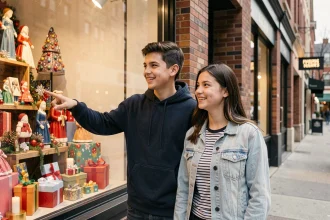 Deux adolescents de 16 ans souriants devant une vitrine de cadeaux en zone urbaine, portant des vêtements décontractés