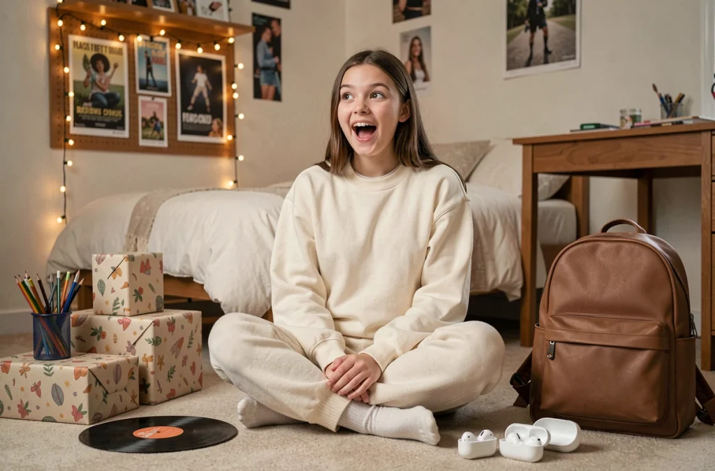 Adolescente de 16 ans assise sur le sol de sa chambre entourée de cadeaux déballés comme des écouteurs et fournitures créatives
