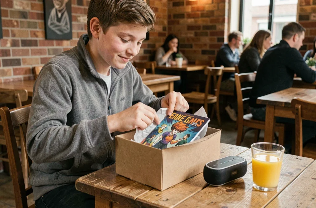 Adolescent de 16 ans débballant un cadeau dans un café, découvrant une bande dessinée et une enceinte portable avec une expression de surprise