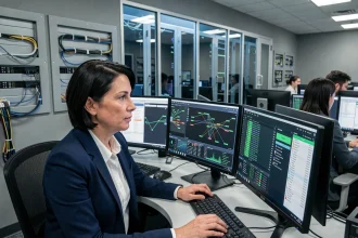 Une informaticienne d'une collectivité locale surveille des tableaux de bord de cybersécurité sur plusieurs écrans dans un centre opérationnel municipal