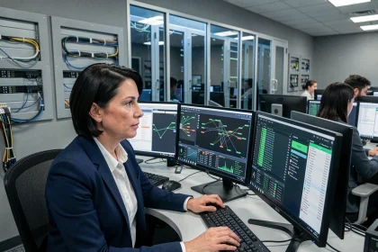 Une informaticienne d'une collectivité locale surveille des tableaux de bord de cybersécurité sur plusieurs écrans dans un centre opérationnel municipal