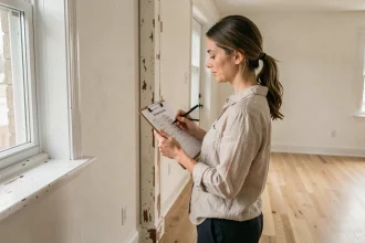 Femme inspectant attentivement l'état des murs d'un appartement vide lors d'un état des lieux de location avec une liste de vérification