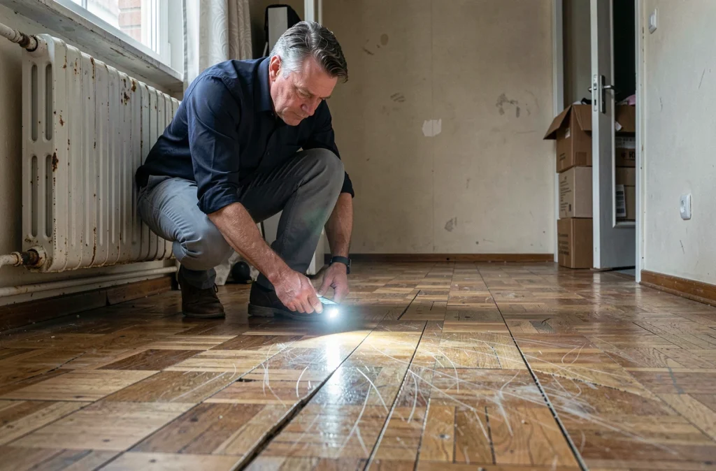 Homme accroupi inspectant les rayures du parquet lors d'un état des lieux locatif dans un appartement meublé