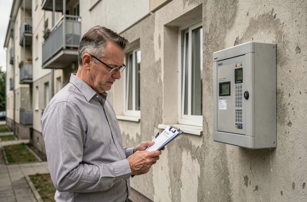 Syndic inspectant les parties communes extérieures d'un immeuble résidentiel avec liste de contrôle technique