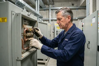 Ingénieur électricien inspectant les bornes d'un transformateur triphasé dans un local électrique industriel