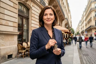 Femme tenant des clés d'appartement devant un immeuble haussmannien en centre-ville, illustrant l'investissement locatif urbain
