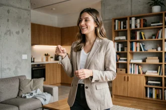Jeune femme active tenant des clés dans un appartement meublé moderne en location