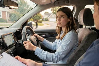 Jeune femme au volant d'une voiture d'auto-école lors d'une leçon de conduite dans le cadre de la réforme du permis de conduire