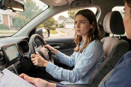 Jeune femme au volant d'une voiture d'auto-école lors d'une leçon de conduite dans le cadre de la réforme du permis de conduire