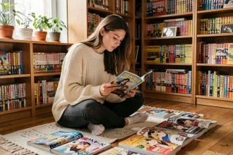 Jeune femme lisant des manhwa et manga yaoi dans une bibliothèque personnelle chaleureuse entourée de volumes colorés