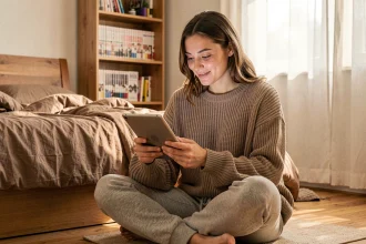 Jeune femme lisant un manhwa en ligne sur une tablette dans sa chambre cosy