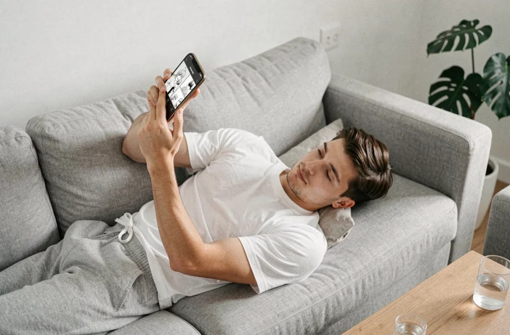 Jeune homme lisant un manhwa complet sur son smartphone allongé dans un salon minimaliste