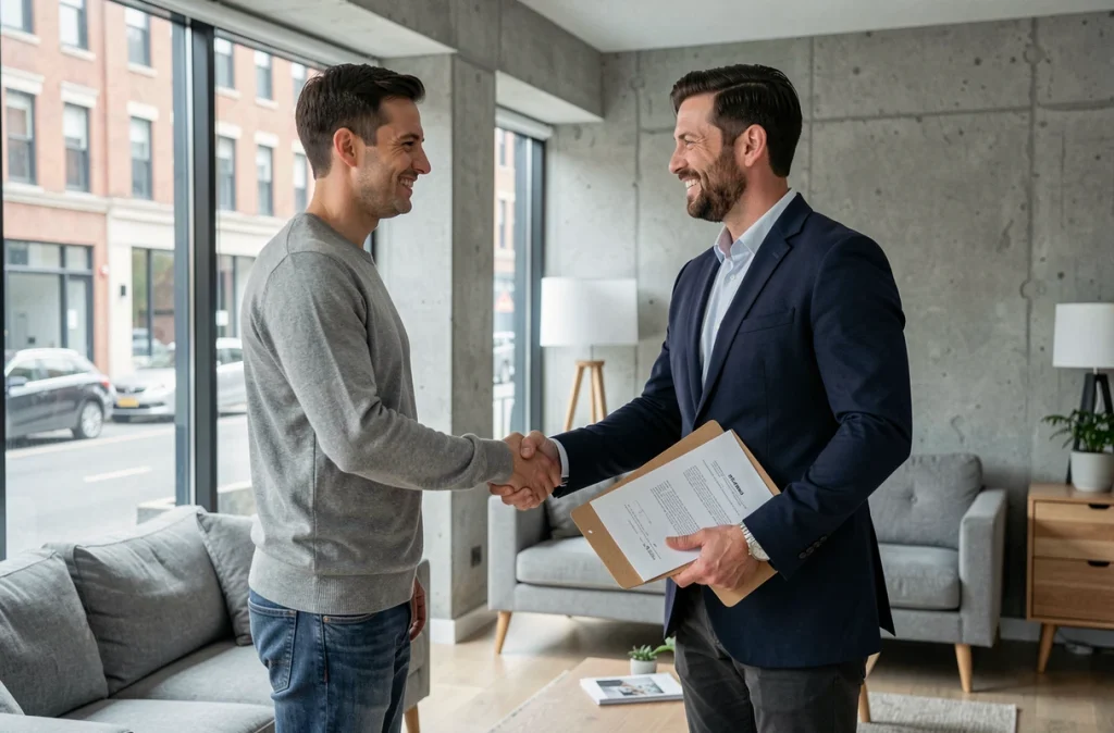 Locataire remettant un dossier de location complet à un agent immobilier lors de la visite d'un appartement moderne