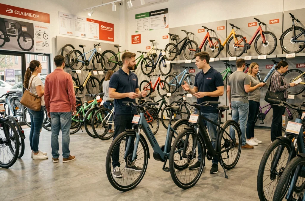 Intérieur d'un magasin de vélos électriques en ville avec vendeurs et clients examinant des modèles exposés