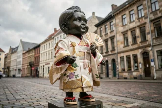 Le Manneken-Pis de Bruxelles habillé d'un costume traditionnel japonais en kimono brodé avec sandales en bois et éventail miniature