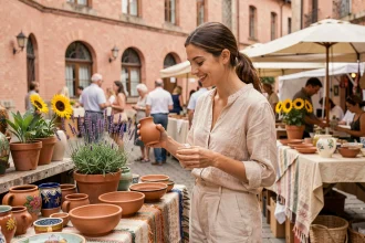 Jeune femme explorant un marché artisanal en plein air à Toulouse avec des céramiques colorées et des façades en briques roses en arrière-plan