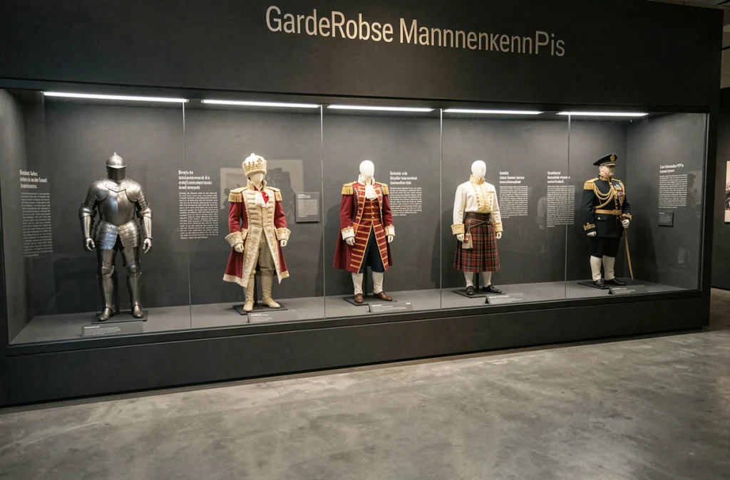 Vitrine du musée GardeRobe MannekenPis présentant une collection de costumes miniatures historiques dont une armure médiévale et un uniforme militaire belge