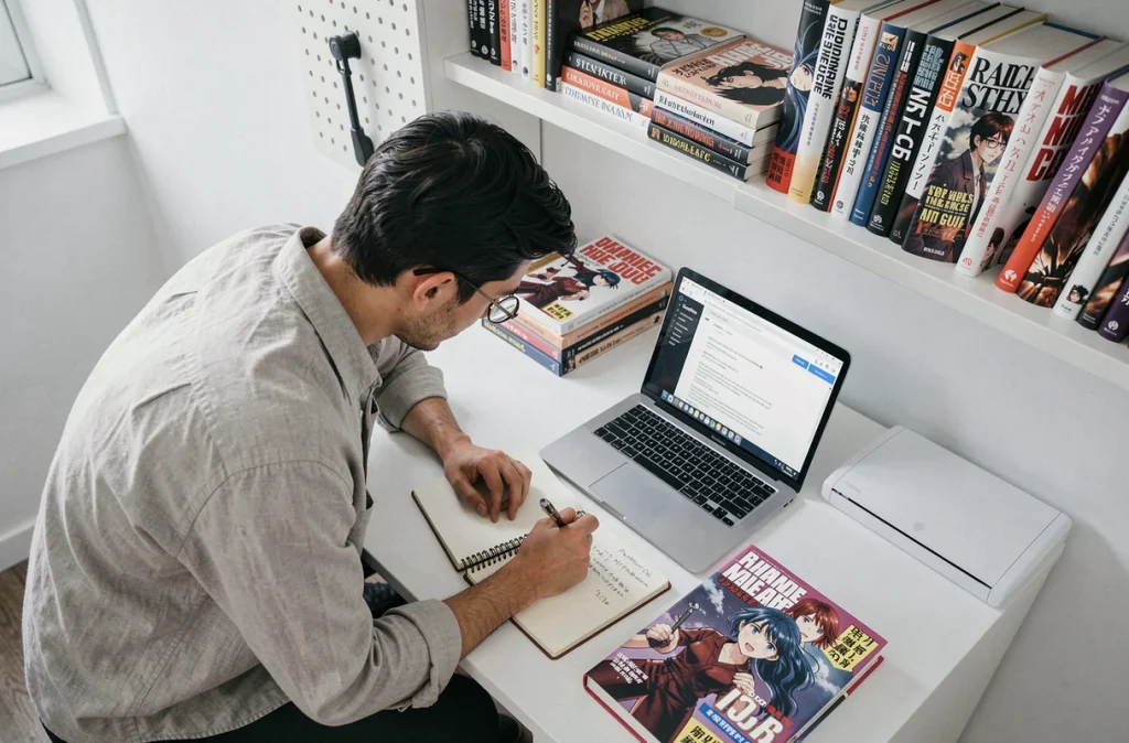 Personne prenant des notes sur des scans de manga et manhwa yaoi devant un bureau minimaliste moderne avec ordinateur ouvert