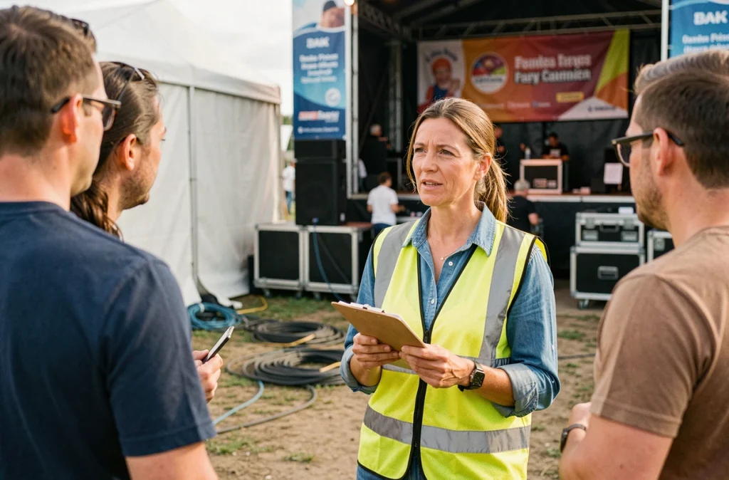 Organisatrice de festival d'été coordonnant son équipe dans les coulisses avec des protocoles sanitaires affichés