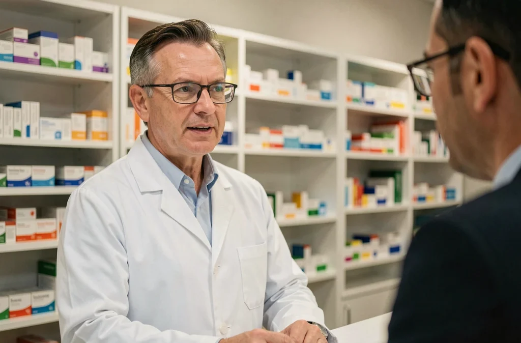 Pharmacien en blouse blanche conseillant un patient sur les traitements contre les allergies saisonnières