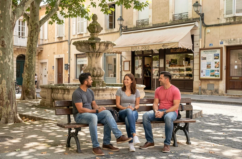 Groupe de résidents discutant sur un banc dans une place publique animée d'une ville du sud de la France
