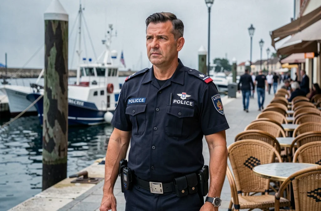 Agent de police municipale en patrouille sur le port de La Ciotat observant les passants