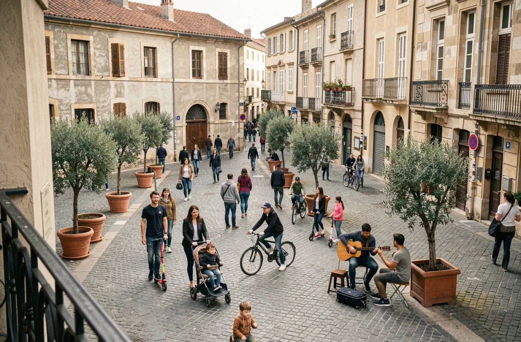 Place piétonne temporaire dans la Presqu'île de Lyon animée par des familles, cyclistes et artistes de rue
