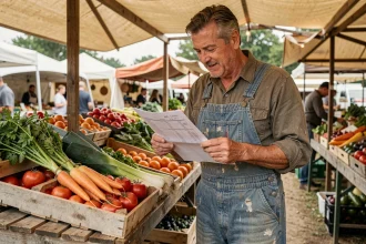 Producteur local examinant un document financier devant son étal de légumes frais au marché
