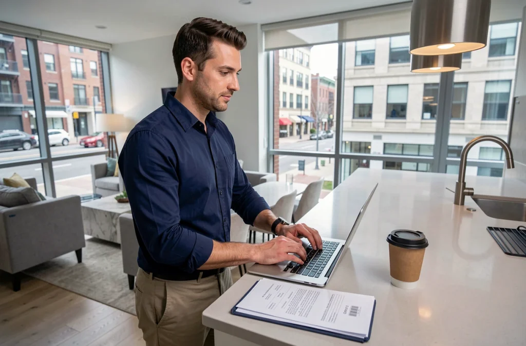 Professionnel en déplacement travaillant sur un contrat de bail mobilité dans un appartement meublé moderne