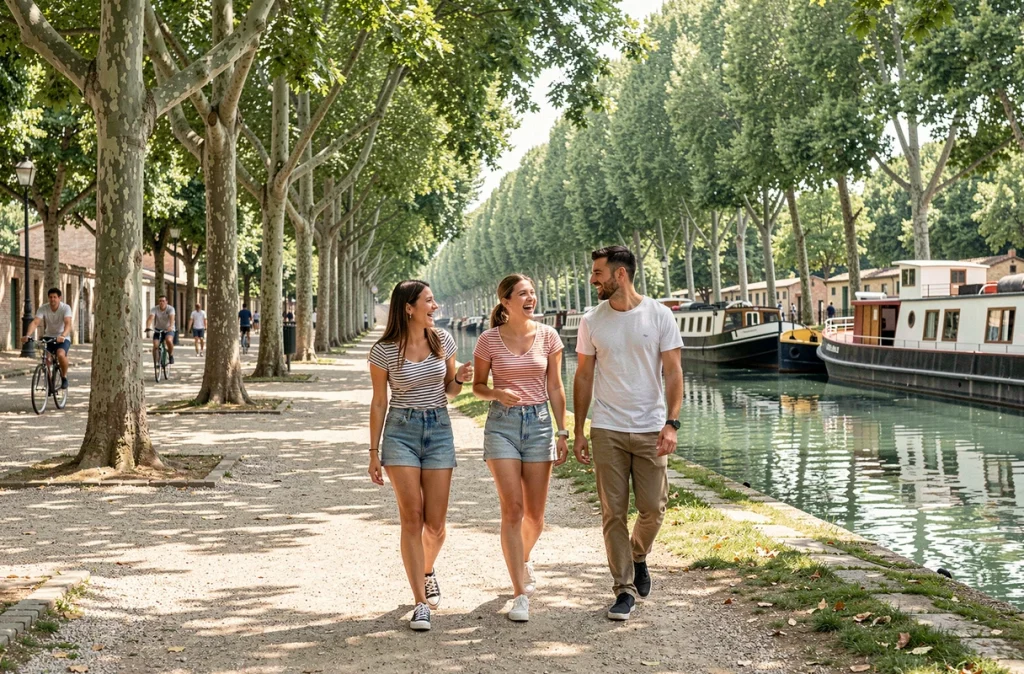 Groupe d'amis se promenant en riant le long du Canal du Midi à Toulouse sous les platanes, lors d'une sortie en plein air